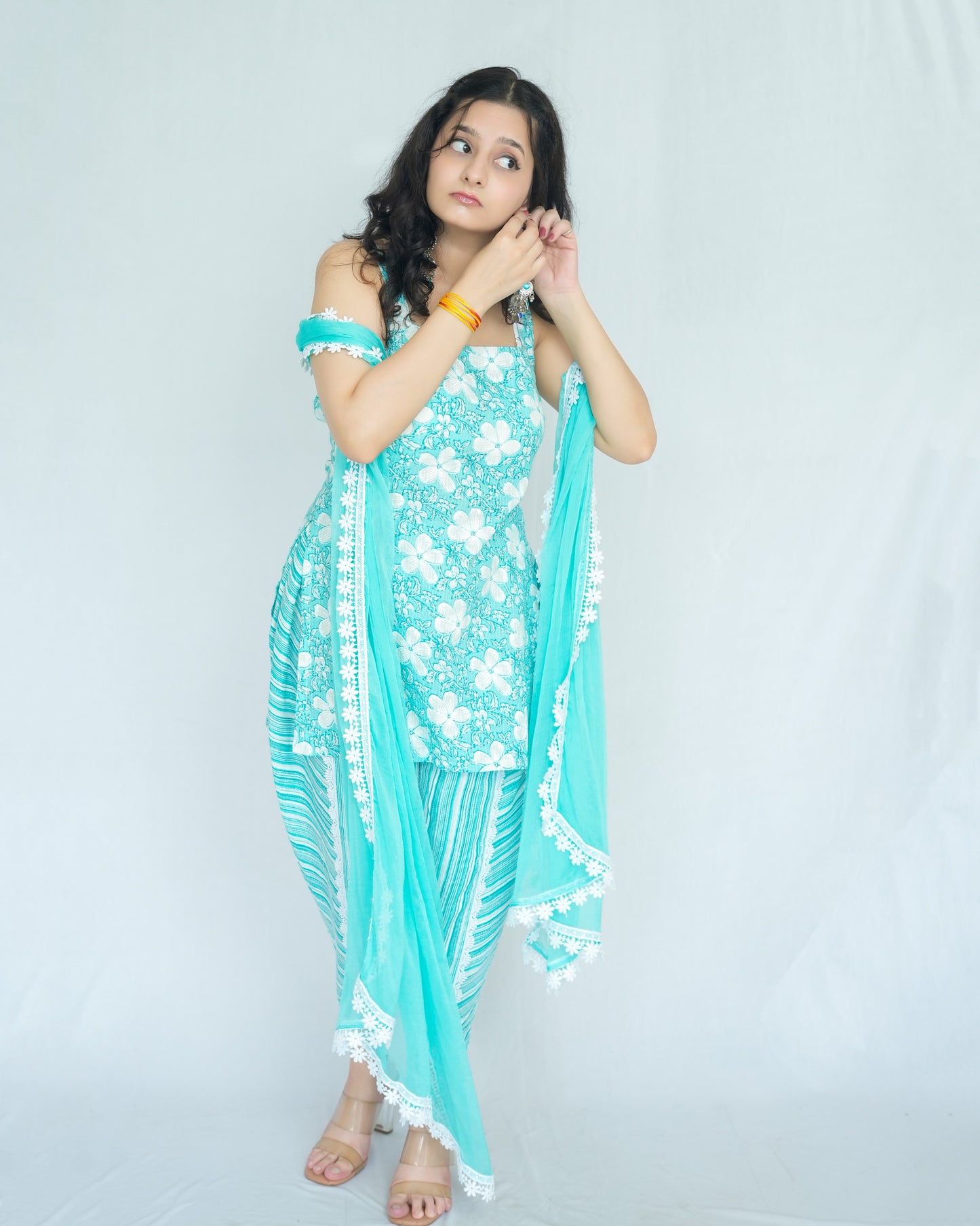 दिशा's Turquoise Blue Katha Print Set