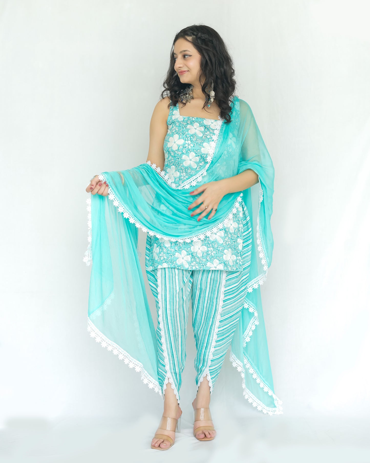 दिशा's Turquoise Blue Katha Print Set