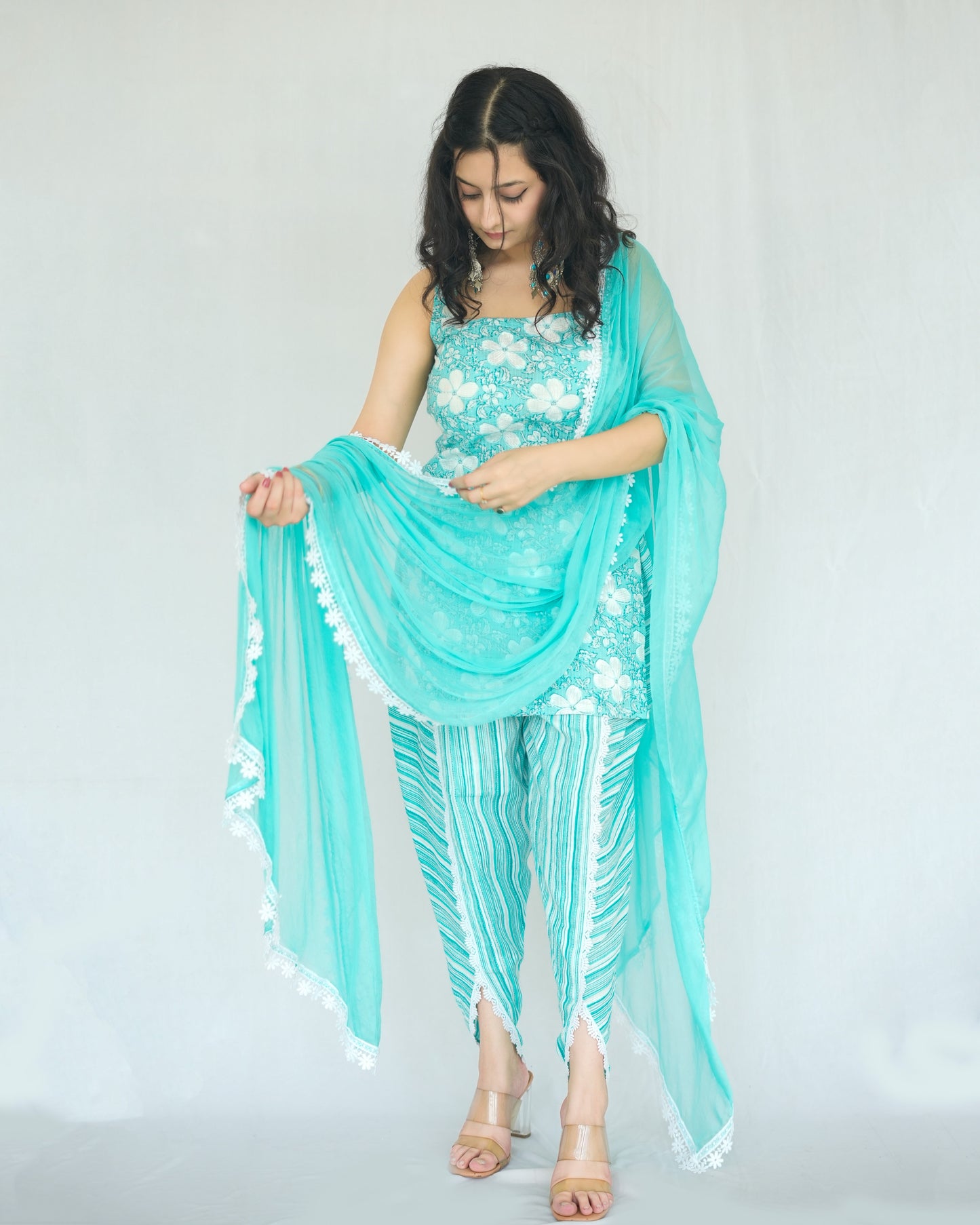 दिशा's Turquoise Blue Katha Print Set