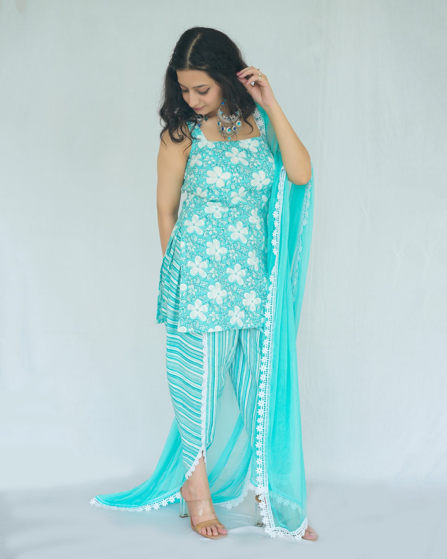दिशा's Turquoise Blue Katha Print Set