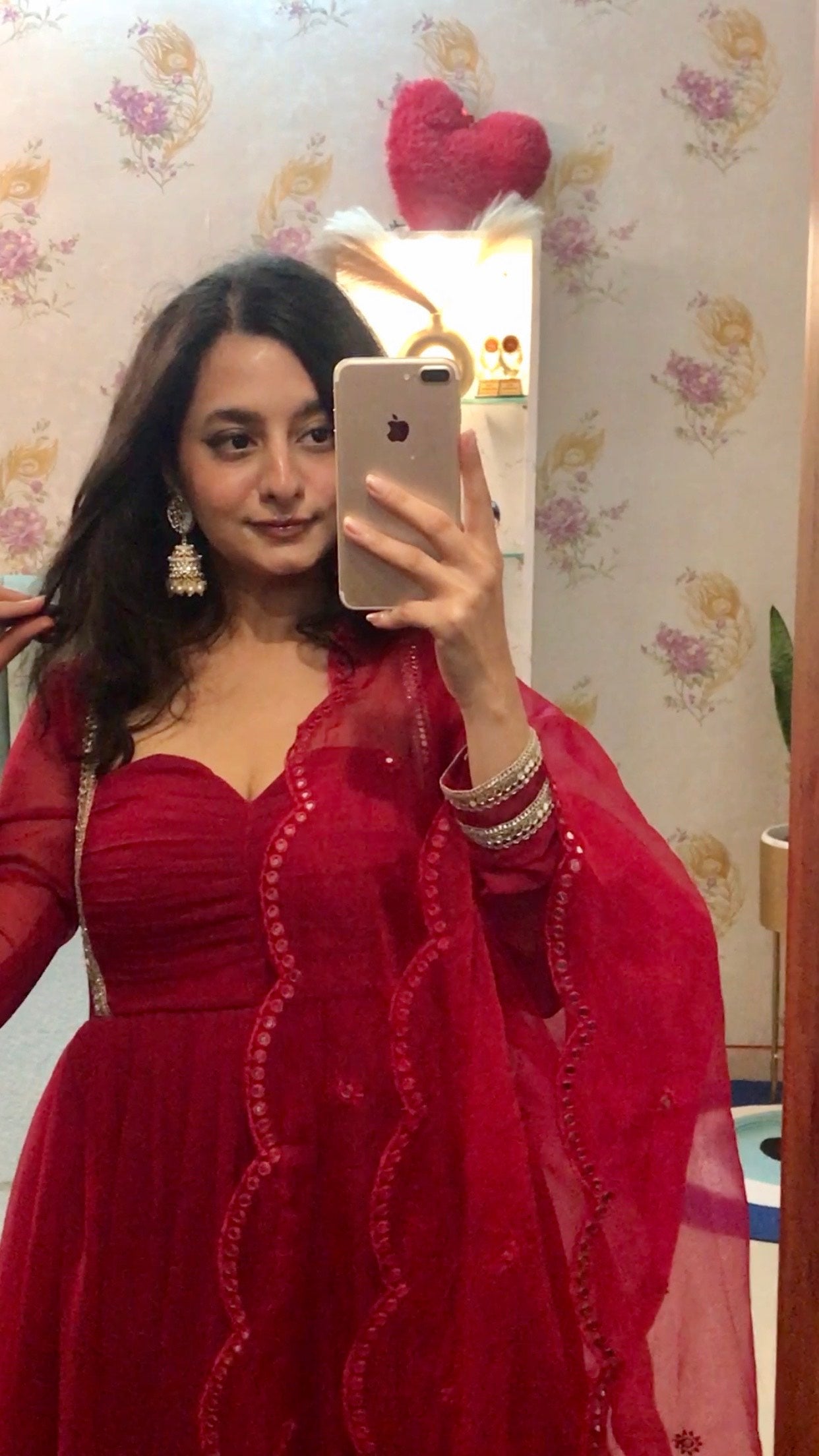 दिशा's Cherry Red Anarkali Suit Set