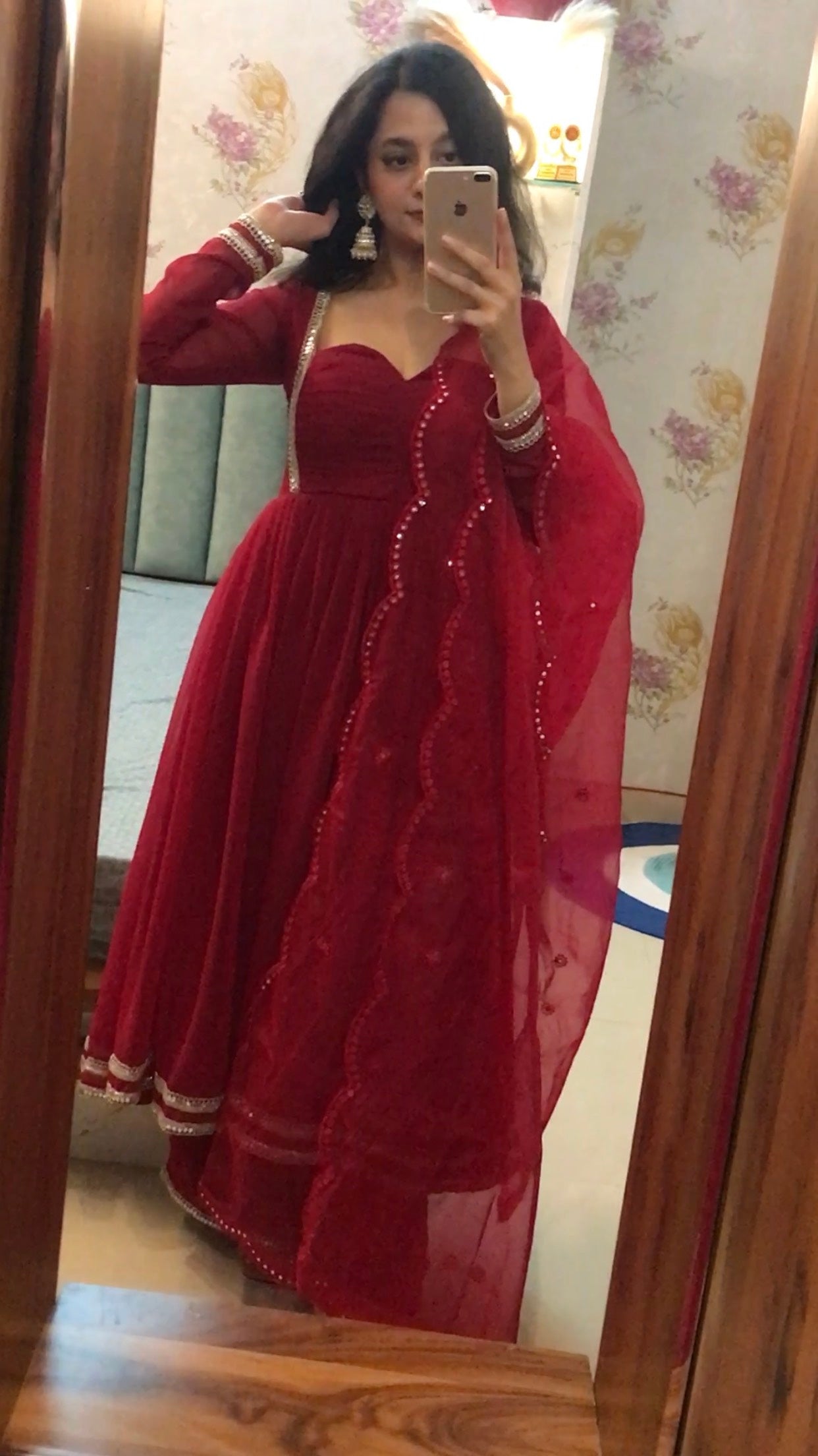 दिशा's Cherry Red Anarkali Suit Set