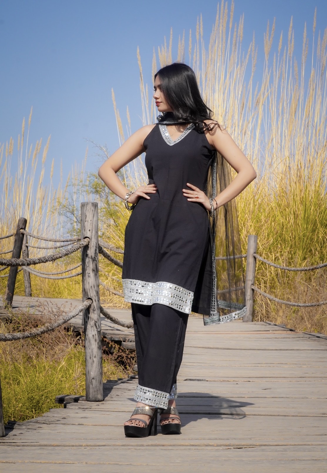 दिशा's Mirror-Work Black Kurti and Plazo Set