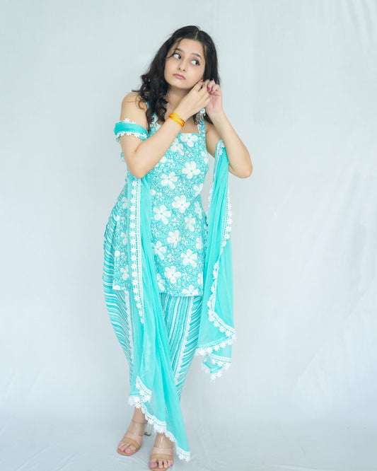 दिशा's Turquoise Blue Katha Print Set