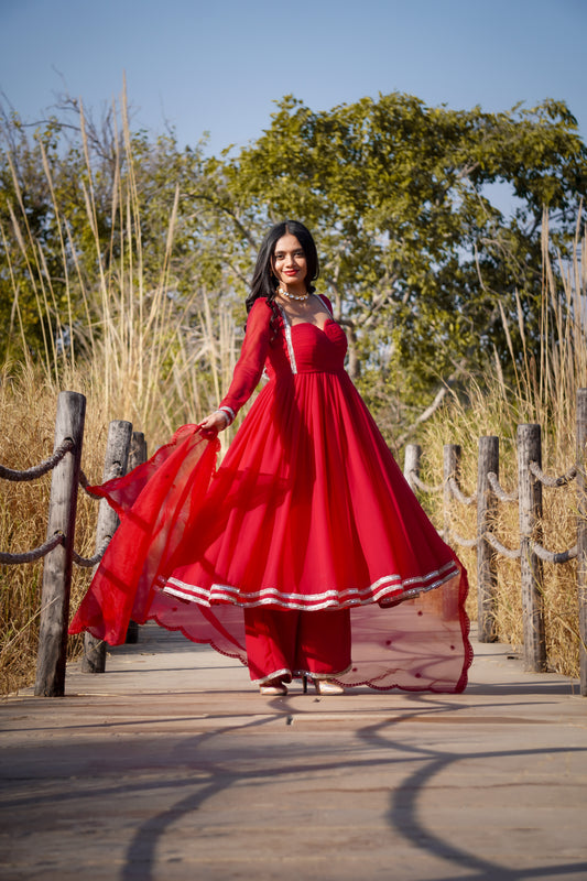 दिशा's Cherry Red Anarkali Suit Set