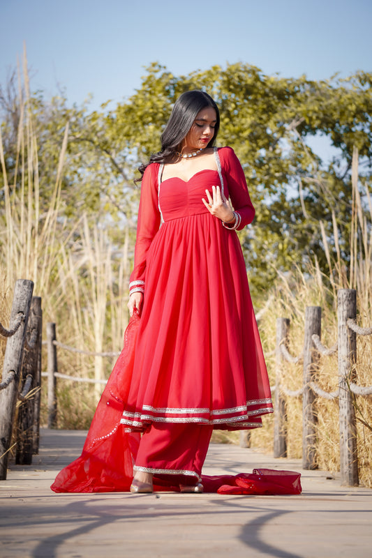 दिशा's Cherry Red Anarkali Suit Set